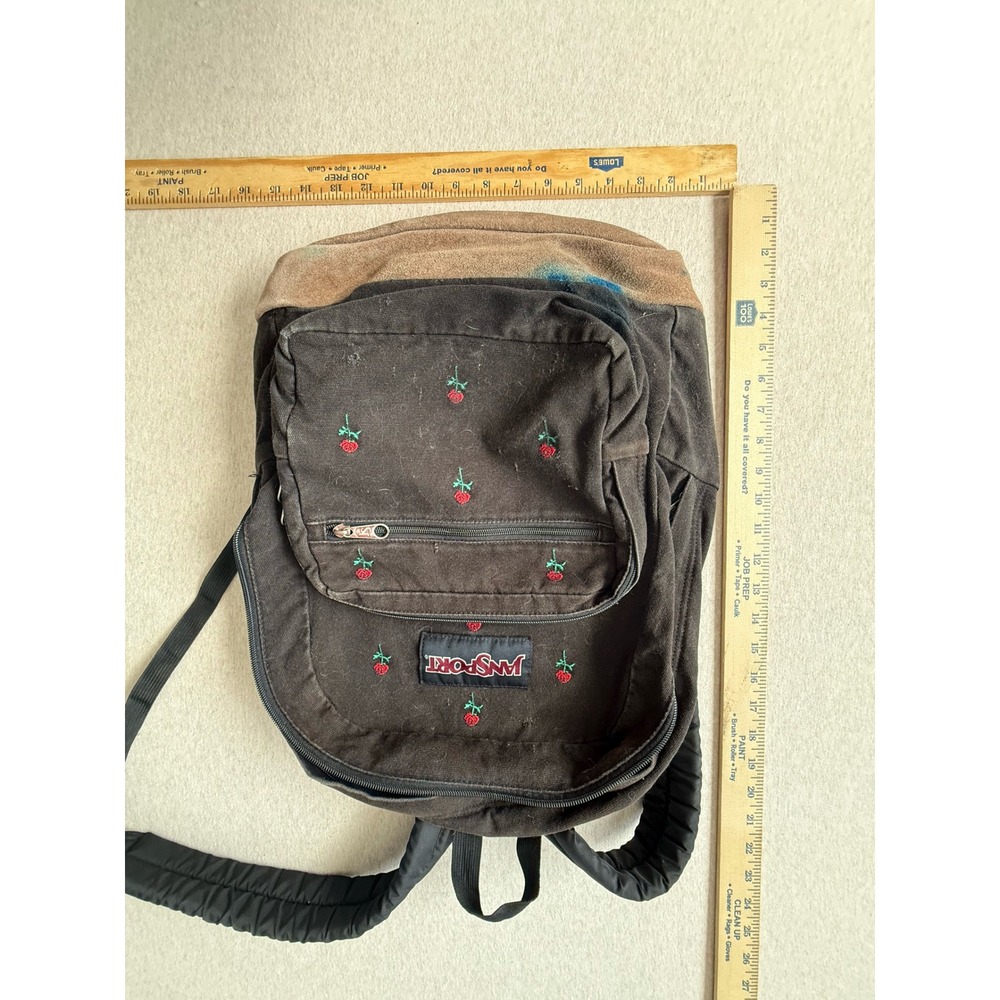 Jansport Right Pack Backpack Black Canvas Tan Suede Rose Embroidery Floral